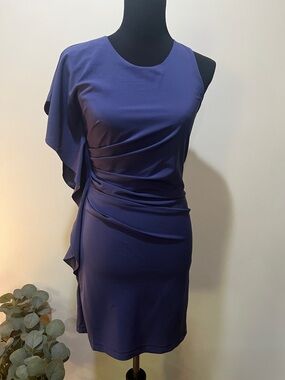 Blue Royal Purple One-Shoulder Draped Mini Dress with stretch.  Form fitting. S